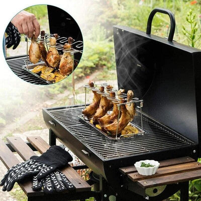BBQ Beef Chicken Leg Wing Grill Rack Stainless Steel Barbecue Drumsticks Holder Smoker Oven Roaster Stand With Drip Pan| |