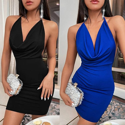 Sexy Bodycon V neck Solid halter neck Mini Dress Party Club Sleeveless Backless Casual Dresses