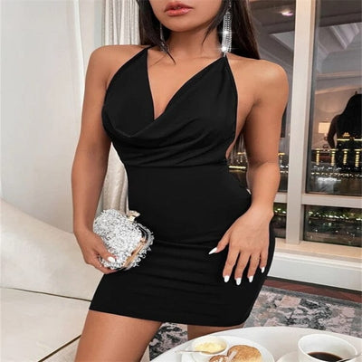 Sexy Bodycon V neck Solid halter neck Mini Dress Party Club Sleeveless Backless Casual Dresses